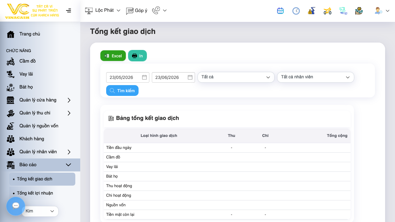 PLACEHOLDER — Báo cáo Tổng kết giao dịch: bộ lọc và bảng thu/chi theo loại