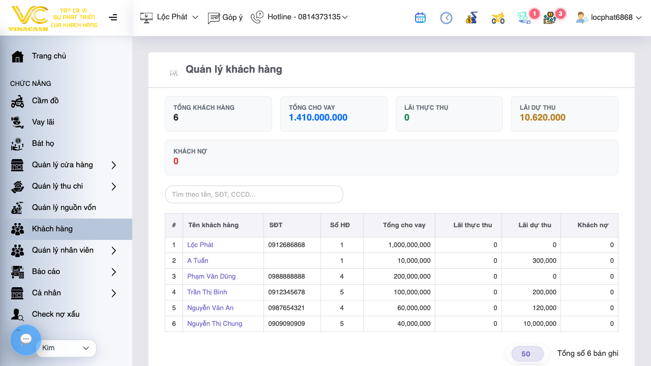 PLACEHOLDER — Trang Khách hàng: thẻ thống kê trên cùng, ô tìm kiếm, bảng khách hàng